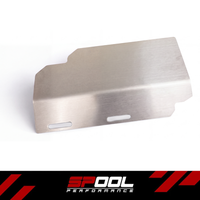 SPOOL B58 S58 stainless steel heat shield for top mount turbo setups - three-quarter view