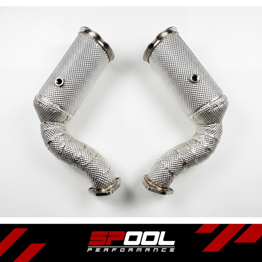 SPOOL Lamborghini Urus / Audi RSQ8 catted downpipes with heat insulation - pair, flat lay