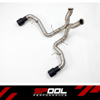 SPOOL McLaren 570S Race Stainless Steel Exhaust - top-down view of the two-piece system with black tips