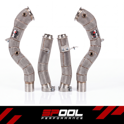 SPOOL Mercedes-AMG GT63 S E Performance C192 Race Downpipes - front view of the four-piece set