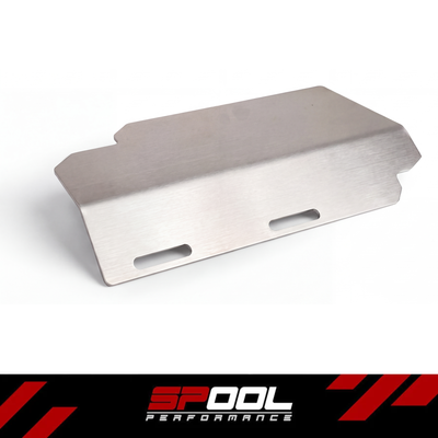 SPOOL B58 S58 stainless steel heat shield - low angle showing mounting slots and sheet profile