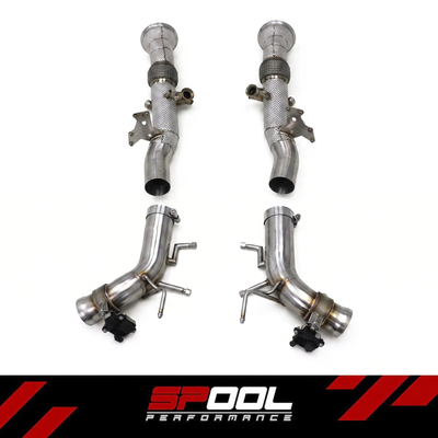 SPOOL Ferrari 296 GTB / GTS exhaust system - overhead layout of both downpipes and both valved rear sections