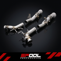 SPOOL Ferrari 296 GTB / GTS exhaust system - low angle showing the valved rear sections and mesh-shielded downpipes