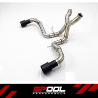 SPOOL McLaren 570S Race Stainless Steel Exhaust - top-down view of the two-piece system with black tips
