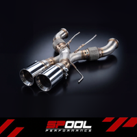 SPOOL McLaren 750S X-Cross Race Exhaust - 304 stainless crossover center section with twin polished tips, three-quarter view