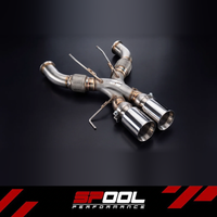 SPOOL McLaren 750S X-Cross Race Exhaust - 304 stainless crossover center section with twin polished tips, three-quarter view