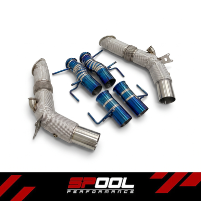 SPOOL Ferrari SF90 Race Exhaust System - catless stainless downpipes with woven heat shielding and titanium straight pipe sections, three-quarter view