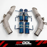 SPOOL Ferrari SF90 Race Exhaust System - catless stainless downpipes with woven heat shielding and titanium straight pipe sections, three-quarter view