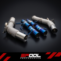 SPOOL Ferrari SF90 Race Exhaust System - catless stainless downpipes with woven heat shielding and titanium straight pipe sections, three-quarter view