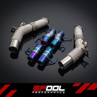 SPOOL Ferrari SF90 Race Exhaust System - catless stainless downpipes with woven heat shielding and titanium straight pipe sections, three-quarter view